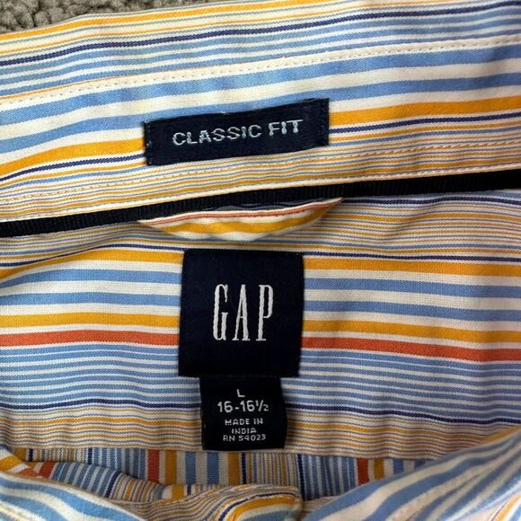 GAP Button Up Shirt Mens Large 16 Blue Orange Vertical Striped Classic Fit - Picture 4 of 8